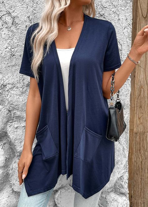 Elegant Dresses Plus Size, Light Cardigan, Swimwear Suits, Navy Cardigan, Light Coat, Plain Tops, Handkerchief Hem, Lightweight Cardigan, Navy Shorts