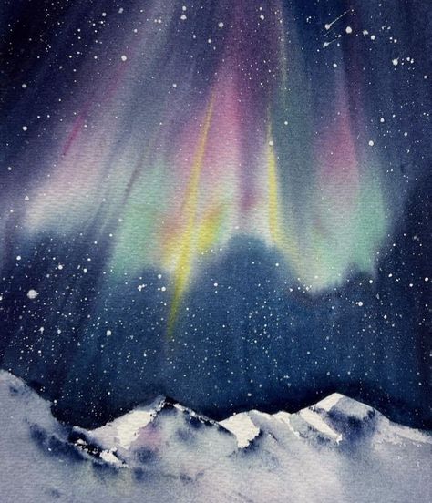 Watercolour Northern Lights, Northern Lights Painting Watercolors, Eugenia Gorbacheva, North Lights, Watercolour Painting Landscape, Northern Lights Watercolor, Watercolor Night Sky, Northern Lights Art, Northern Lights Painting