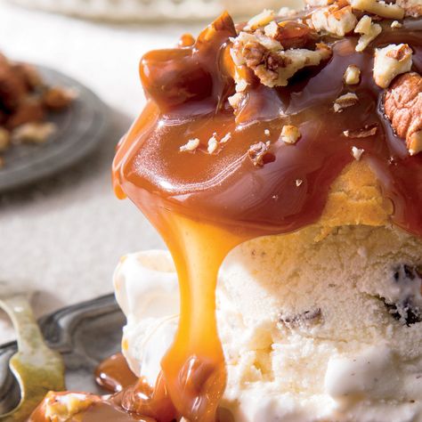 Praline Sauce | MyRecipes Praline Sauce, Sweet Sauces, Pecan Ice Cream, Roasted Walnuts, Creamy Caramel, Pecan Pralines, Dessert Sauces, Hams, Butter Pecan