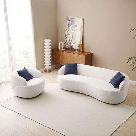 - Modern curved fabric sofa with optimal seating comfort. - Suitable for various spaces like living rooms, bedrooms, and offices. - Sturdy wooden frame ensures stability for gatherings. - Soft fabric upholstery with dense foam padding and spring coil system. - Sizes: 3-seat sofa: 86.61"L x 27.55"W x 35.43"H, Weight Limit: 800 lbs. Round sofa chair: 35.04"L x 34.65"W x 27.17"H, Weight Limit: 300 lbs. No assembly required. Curved Loveseat Sofa, White Living Room Set, Modern Curved Sofa, Round Sofa Chair, Double Height Living Room, Pillows For Living Room, Chair Luxury, Fabric Couch, Accent Sofa