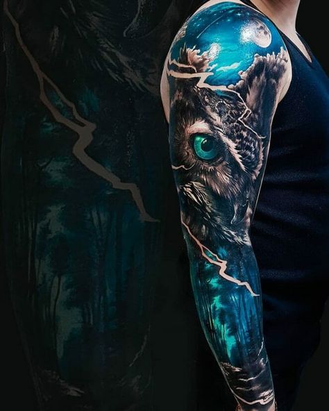 Owl Eye Tattoo, Hai Tattoo, Realistic Owl Tattoo, Owl Tattoo Sleeve, Rabe Tattoo, 16 Tattoo, Wolf Tattoo Sleeve, Forest Tattoos, Owl Tattoo Design