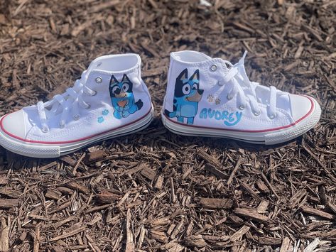 Bluey and Bingo converses! The order can be customized to your liking , if you want just Bluey or just Bingo let me know! Bluey Shoes, Bluey Stuff, Ariel Hair, Bingo Funny, Painted Converse, Bluey Family, Chuck Taylor Shoes, Bluey And Bingo, Charleston Wv