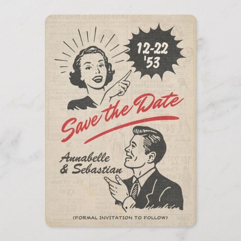 Mid Century Wedding, 1950s Wedding, Vintage Wedding Hair, Belly Band Invitation, Design Card, Invitation Ideas, Retro Wedding, Retro Party, Card Invitation