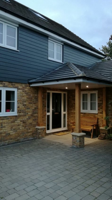 Corner Entrance Ideas Front Doors, Front Porch And Garage Extension, Corner Porch, Front Entrance Extension, Angled Front Door Entrance, Flat Roof Porch Entrance, Porch Extension Uk, Wooden Door Canopy Front Porches, Porch Extension