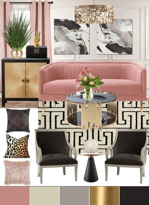 Art Deco Glam Living Room, Colorful Glam Living Room, Simple Glam Living Room, Glam Living Room Mood Board, Pink Walls Living Room, Glam Living Room Decor Apartment, Glam Living Room Ideas, Mood Boards Interior Design, Hollywood Glam Living Room