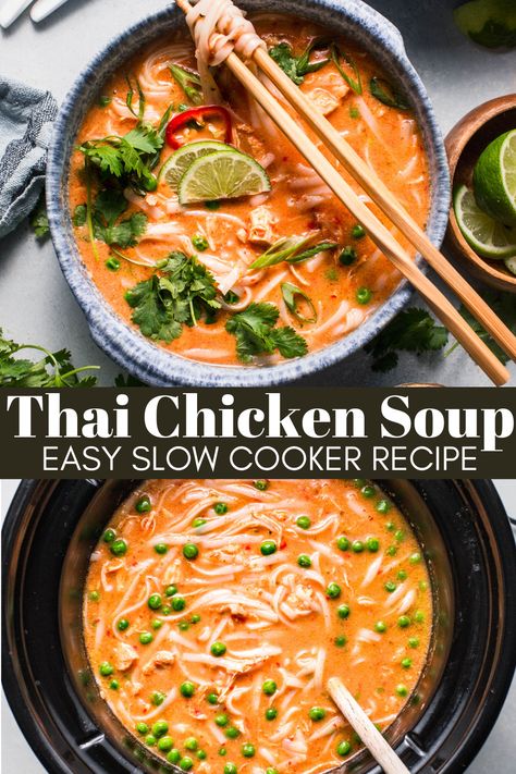 This easy Slow Cooker Thai Noodle Soup makes it easy to enjoy your favorite spicy, aromatic, authentic Thai soup at home! Chicken Soup Crock Pot, Spicy Thai Chicken Soup, Hashimotos Diet, Protein Soup Recipes, Spicy Soup Recipes, Slow Cooker Thai, Thai Noodle Soups, Glucose Goddess, Thai Chicken Noodles