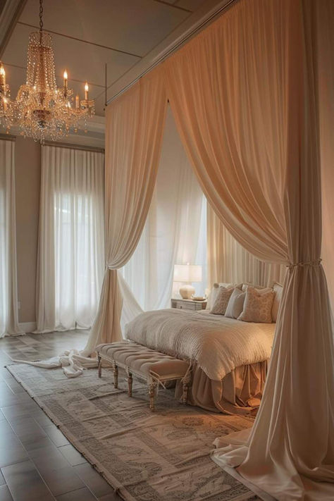 44 Sophisticated Bedroom Chandelier Ideas for a Glam Look Luxury Bedroom Chandelier, Master Bedrooms Glam Decor, Bedroom Feminine Elegant, Interior Design Glamour, Versailles Aesthetic Bedroom, Grand Bedroom Ideas, Elegant Canopy Bed, Queen Bedroom Aesthetic, Soft Feminine Bedroom Aesthetic