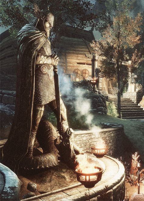 Skyrim Locations: The Talos Statue located in front of Jorrvaskr in Whiterun Dragonborn Skyrim, Skyrim Gif, Skyrim Aesthetic, Skyrim Wallpaper, Elder Scrolls Memes, Tes Skyrim, Elder Scrolls Oblivion, Scrolls Game, Skyrim Elder Scrolls