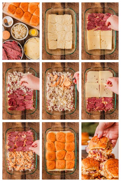 Easy Baked Reuben Sliders Mini Reuben Sandwiches, Reuben Sliders, Sliders Recipes Hawaiian Rolls, Smoked Deviled Eggs, Crispy Parmesan Potatoes, Corned Beef Sandwich, The Cookin Chicks, Bagel Toppings, Slider Sandwiches