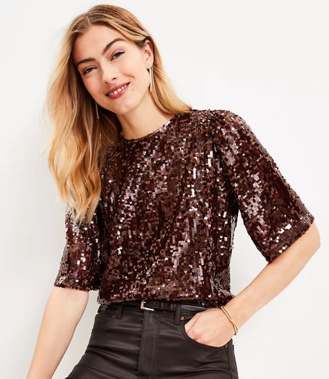 Special Occasion Outfits | Loft Brown Sequin Top Outfit, Sequin Blouse Outfit, Sequins Top Outfit, Tie Waist Maxi Dress, Petite Sweaters, Wedding Sarees, Easy Shape, Tie Neck Tops, Top Outfit