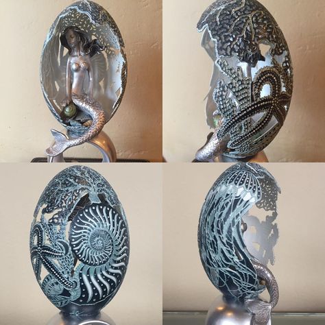 Anna Carlson Egg Art on Instagram: “Mermaid Dream” Egg Carving, Mermaid Dreams, Egg Art, Emu, Fairy Garden, Egg, Mermaid, Carving, On Instagram