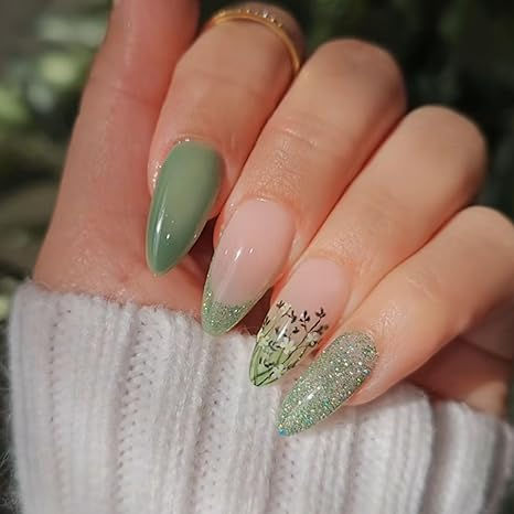 French Tip Press on Nails Medium Almond Green Glitter Fake Acrylic Nails Chrome Glossy Glue on Nails Spring Flower Artificial False Nails 24PCS Soft Gel Nails Kit #ad Mint Green Nail Designs, Acrylic Nails Chrome, Flower Press On Nails, Nails Medium Almond, Fake Acrylic Nails, Mint Green Nails, Almond Press On Nails, Mint Nails, French Tip Press On Nails