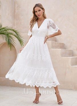 [US$ 54.00] V-Neck A-line Lace Midi Dresses  - JJ's House White Reception Dress, Wedding Rehearsal Dress, Bride Reception Dresses, White Dress Spring, Outdoor Dress, Beach Garden, Rehearsal Dinner Dresses, White Sundress, Long Beach Dress