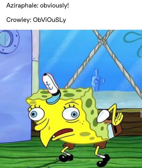 Crowley mimicking Aziraphale gives me 🥰  #goodomens #aziraphalexcrowley #aziraphale #crowley Spongebob Mocking, Spongebob Reaction Pictures, Spongebob Reaction, Mocking Spongebob, How To Speak Russian, Cute Nicknames, Writing Challenge, Patrick Star, Relationship Memes