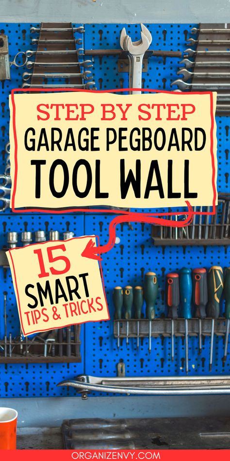 A blue pegboard holding tools in a garage Peg Board For Garage, Pegboard Tool Organization Diy, Garage Organization Ideas Tools Workshop, Small Shop Storage Ideas, Work Tools Organization, Workshop Pegboard Organization, Pegboard Tool Organization Ideas, Peg Board Tool Storage, Garage Organization For Tools