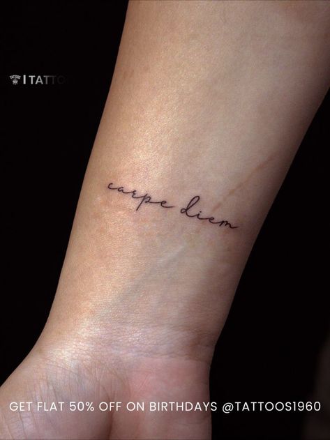 This simple yet powerful tattoo is a reminder to live in the moment and make the most of each day. "Carpe Diem" encourages you to embrace life’s opportunities and cherish the present. A timeless motto for those who live boldly and fearlessly. #CarpeDiemTattoo #SeizeTheDay #MinimalistInk #TattooArt #LiveInTheMoment #Tattoos1960 #InkedMotivation #TattooInspiration #BodyArt #LatinQuoteTattoo Tattoo Carpe Diem, Latin Quote Tattoos, Powerful Tattoo, Live Boldly, Seize The Day, Live In The Moment, Embrace Life, School Tattoo, Ankle Tattoo