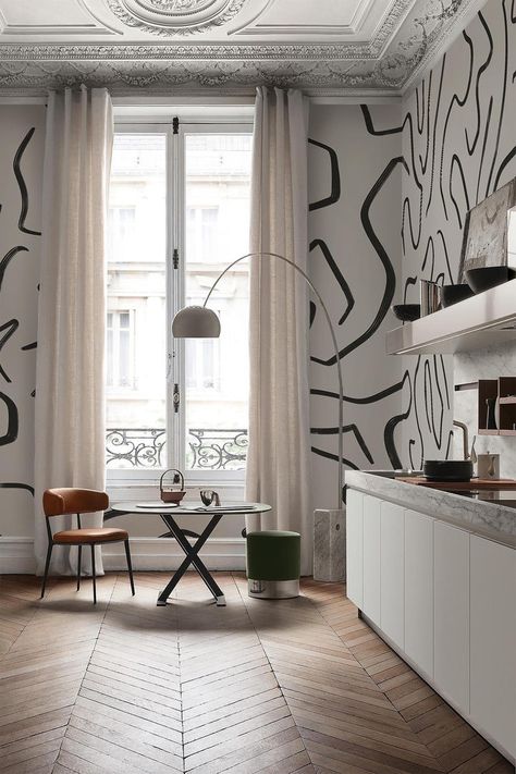 An abstract wall mural with the perfect mix of playfulness and elegance for your minimalistic interior, gives a Scandi interior touch to your modern home Drawing Wall Ideas, Artist House Interior, Wall Decor Classic, Abstract Wall Mural, Wall To Wall Carpet, Scandi Interior, Ceiling Cladding, Minimalistic Interior, Colorful Eclectic