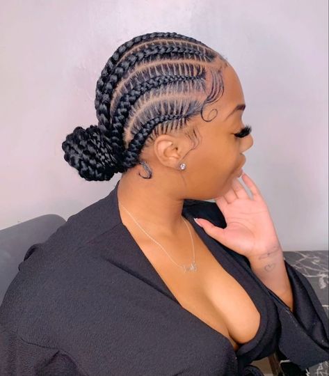 Cornrow Low Bun Black Women, Braided Back Bun Black Women, Feed In Braids Into Bun, Conrow Ponytails Braids, Braided Hairstyles For Thick Hair, Goddess Cornrows Buns, 4 Braids Cornrows, 6 Straight Back Feed In Braids, Feed In Braids Into Low Bun