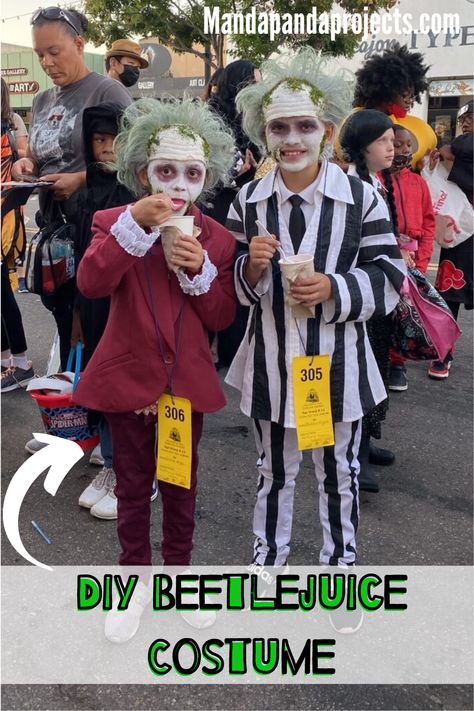 DIY your own Beetlejuice and Lydia Halloween costumes using only thrift store clothes and not only will you have best handmade costumes out there, but you’ll save a ton of money in the process too! As soon as they see that iconic black and white striped suit they’ll be screaming Beetlejuice! Beetlejuice! Beetlejuice! #diyhalloweencostumes #beetlejuice #thrifting Beetlejuice Costume Diy, Beetlejuice Wig, Maroon Wedding Suit, Beetlejuice Suit, Diy Beetlejuice, Beetlejuice And Lydia, Beetlejuice Halloween Costume, Thrift Store Clothes, Handmade Halloween Costumes