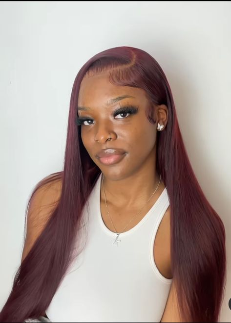 99j Side Part Wig, Wig Inspo Color, Dark Red Sew In, 99j Wig Black Women, Burgundy Wig Side Part, Burgundy Hair Straight, Burgundy Sew In, Side Part Burgundy Wig, Burgundy Side Part Wig