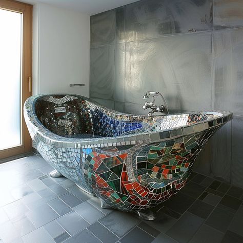 Introducing the “Mosaic Haven” bathtub: Inspired by ancient Roman baths, its exterior features handcrafted mosaic tiles, creating a visual masterpiece in your bathroom. Sink into its deep, ergonomic contours for a luxurious bathing experience that blends artistry with relaxation. Conceptual AI Art Follow @ecosapiens for more! Manifestation Things, Mosaic Bathtub, Lagoon Bathroom, Deep Bathtub, 2025 Manifestation, Nz House, Bathroom Stuff, Roman Baths, Bath Tub