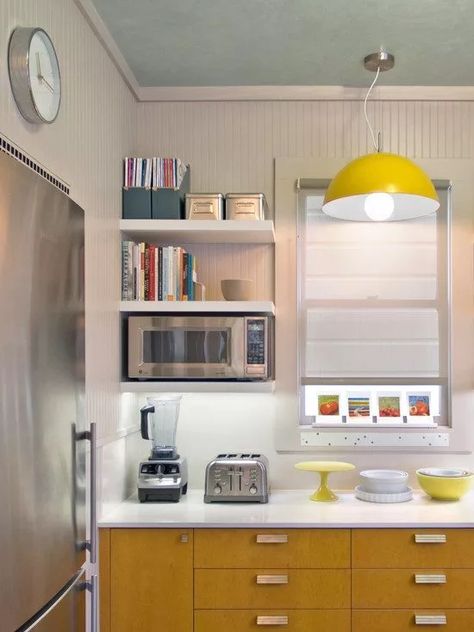 open kitchen shelves microwave mount Mounted Microwave, Inexpensive Kitchen Remodel, Interior Ikea, Kitchen Wall Storage, Headboard With Shelves, Microwave In Kitchen, Open Kitchen Shelves, Small Space Kitchen, Contemporary Kitchen Design