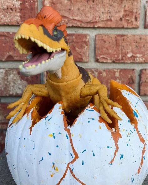 Dinosaur pumpkin | Dinosaur halloween, Dinosaur halloween costume, Halloween party kids Pumpkin Dinosaur Carving, Dinosaur Egg Pumpkin Ideas, Pumkin Carving Ideas Dinosaur, Dinosaur Carved Pumpkin, Pumpkin Dinosaur Ideas, Dinasour Pumpkin Ideas, Halloween Dinosaur Decor, Pumpkin Painting Ideas Dinosaur, Dinosaur Painted Pumpkin