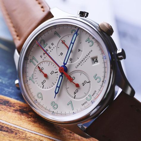 Farer Chronograph Split-Second Flyback Watches | The Coolector Farer Watches, England Beaches, Split Second, Affordable Watches, Horween Leather, Chronograph Watch, Stainless Steel Case, Omega Watch, Chronograph