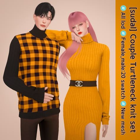 + 5 swatch [sudal] Couple Turtleneck knit set | sudal - sims on Patreon Sims 4 Couple, Sims 4 Men Clothing, Sims 4 Family, The Sims 4 Pc, Couple Matching Outfits, Sims 4 Download, Yellow Suit, Sims 4 Dresses, The Sims 4 Download