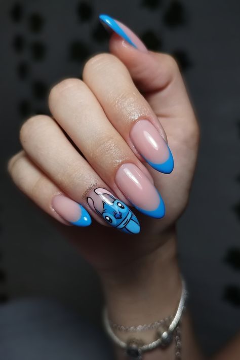 Nail art, lilo and stitch, stitch, blue nails, art, 2023, drawing, disney, blue french nails, french tip, cartoon characters Stitch Nails For Kids, Stitch Nails Disney, Nails Stitch, Animated Nails, Lilo And Stitch Nails, Kids Nail Salon, Blue Nails Art, Stitch Nails, Alabama Nails