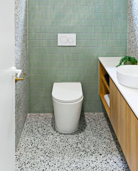 This back-to-wall toilet with a matching white button pairs perfectly with the eye-catching terrazzo and kitkat tiles. What do you think? 🚽⁠ 📸: @cookandbathe Kitkat Tiles, Tiles Toilet, White Toilet, Wall Toilet, Bath Renovation, Bathroom Goals, Gorgeous Bathroom, Green With Envy, Back To Wall Toilets