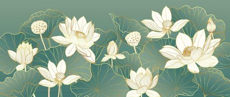 Lotus Poster Design, Lotus Wallpaper Aesthetic, White Lotus Wallpaper, Lotus Flower Background, Japanese Style Illustration, Chinese Banner, Lotus Background, Line Art Leaves, Lotus Illustration