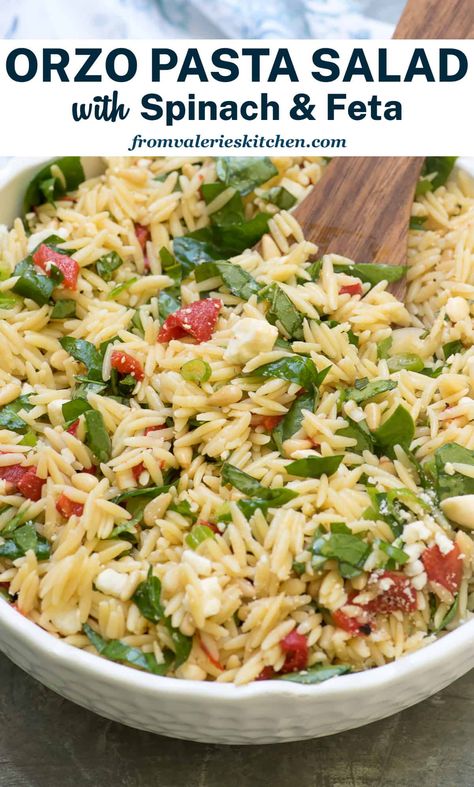 This Orzo Salad is a light, fresh pasta salad that is perfect for a summer BBQ menu. Loaded with flavor from roasted red peppers, spinach and feta and a delicious lemon honey vinaigrette. Orzo Sun Dried Tomato Salad Recipes, Orzo Pasta Salad With Feta And Spinach, Orzo Pasta Salad Recipes Cold, Salads Potluck, Orzo Salad With Spinach, Orzo Salad Recipes Cold, Risotto Salad, Orzo Salads, Fresh Pasta Salad