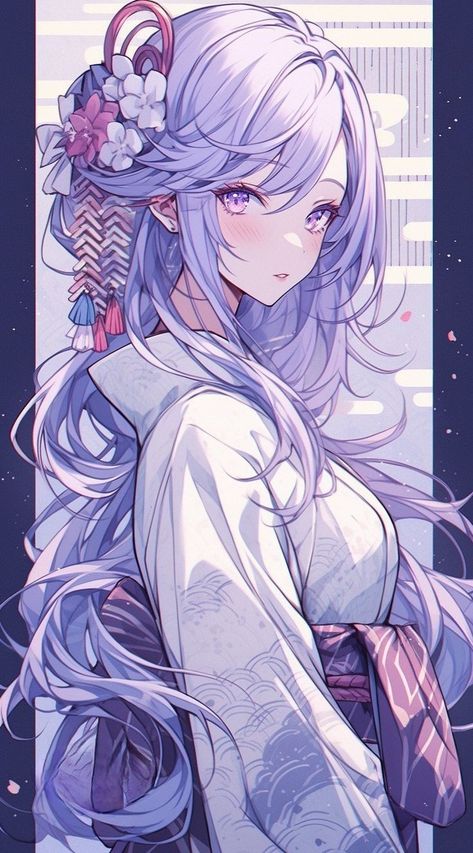 Anime Kimono Female, Japanese Woman Kimono Anime, Anime Kimono Woman, Anime Kimono Art, Purple Kimono Anime, Anime Female Kimono, Anime In Kimono, Elegant Anime Woman, Anime Kimono Design