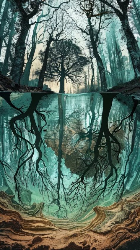 A bizarre, inverted forest where roots stretch toward the sky and branches delve underground, presenting a strange and royalty free stock images Underground Forest, Underground Illustration, River Art, Stock Images Free, The Sky, Fantasy Art, Amber, Royalty Free, Royalty