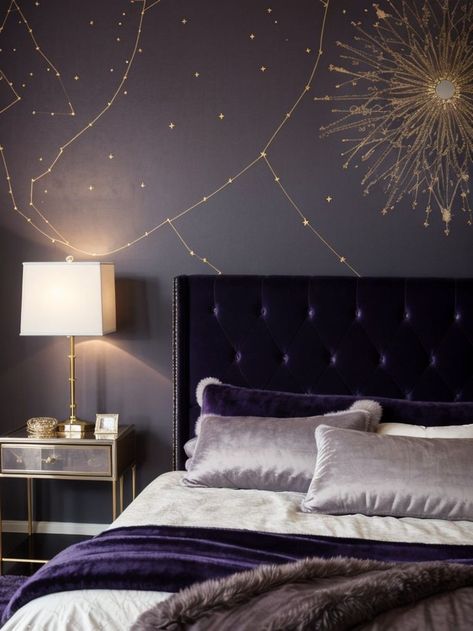 Dark Purple Bedroom Walls, Purple And Silver Bedroom, Purple Bedroom Aesthetic, Dark Purple Room, Dark Purple Bedroom, Purple Bedroom Walls, Velvet Tufted Headboard, Purple Room Aesthetic, Silver Bedroom