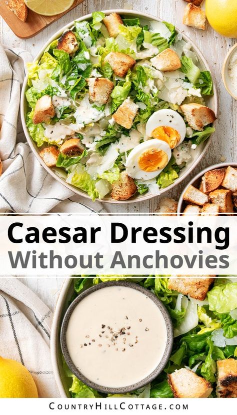 This is the best Caesar salad dressing without anchovies! The easy recipe uses simple ingredients and makes the creamiest, most flavorful dressing – without anchovy paste or raw anchovy filets. Just stir everything together, and you’re ready to enjoy restaurant-quality Caesar salad in no time! This Caesar dressing is anchovy-free, making it suitable for vegetarians and anyone sensitive to anchovy flavor. It still offers the classic Caesar flavor – just no anchovies! | CountryHillCottage.com Diy Caesar Salad Dressing, Pesto Caesar Dressing, Cesar Salad Dressing Recipe, Cesar Dressing No Anchovies, Ceasar Dressing Recipe Anchovy Paste, Anchovy Free Caesar Dressing, Caesar Dressing Recipe No Anchovies, Caesar Dressing Without Anchovies, Caesar Salad Dressing No Anchovies