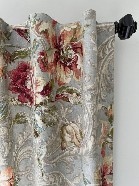 Drapery Panels or Valance in Mill Creek Fresco Flourish Jewel - Etsy Bathroom Window Curtains, Modern Window Treatments, Dining Room Curtains, Drapes And Blinds, Bedroom Drapes, Fall Bedding, Hair Salon Decor, Waverly Fabric, Farmhouse Curtains