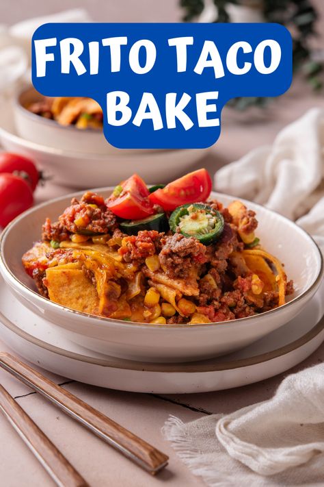 This Frito taco bake is my favorite version of a taco casserole. It has all of the best elements of tacos, but with Fritos baked in! Fritos Taco Bake, Tex Mex Veggies, Frito Taco Bake, Easy Delicious Casseroles, Taco Casserole Bake, Frito Pie Recipe, Frito Chili, Frito Chili Pie, Taco Pie Recipes