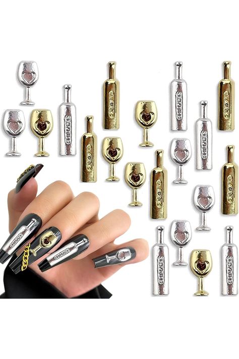 Mini Wine Bottles Glasses Charms for Nails 20pcs 3D Metal Punk Cups Nail Art Charms Gold Silver Nail Accessories for Acrylic Nails Women Nail Designs Goth Nails With Charms, Halloween Nail Charms, Gold Nail Charm Designs, Nail Charms Jewelry, Gothic Nail Charms, Wine Bottle Glasses, Mini Wine Bottles, Diy Fashion Accessories, 3d Metal