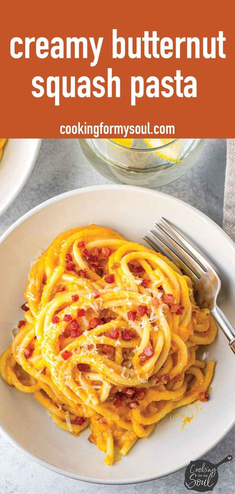 Butternut Squash Pasta! This easy creamy butternut squash pasta is a great way to cook with fall produce. The sauce is creamy and full of flavor, and it's served with bucatini or spaghetti. Pioneer Woman Butternut Squash Alfredo, Butternut Squash Prosciutto Pasta, What To Cook With Butternut Squash, Butternut Squash Noodles Recipes, Butternut Squash Pasta Recipes, Squash Noodles Recipes, Butternut Pasta, Ricotta Pasta Sauce, Creamy Butternut Squash Pasta