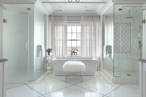 MASTER BATHROOM GLASS INSPIRATION   Large white bathroom features a frosted glass water closet with a nickel door handle. Glass Water Closet, Large Glass Doors, White Door Knobs, Closet Door Knobs, Glass Closet Doors, Closet Door Handles, Glass Closet, Closet Curtains, White Closet