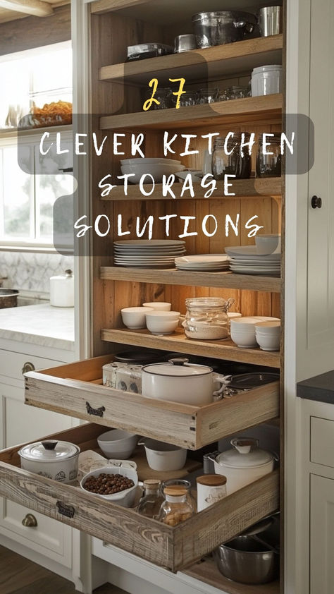 Struggling with a cluttered kitchen? Click to discover 27 clever kitchen storage solutions that maximize every inch of space. Find out how innovative ideas can keep your kitchen organized and stylish! 🗄️🍴 #KitchenStorage #SpaceSaving #HomeOrganization #KitchenDesign #CleverStorage Adding Storage To Kitchen, Small Kitchen Storage Ideas Organizing, 2025 Kitchen, Small Kitchen Storage Solutions, Kitchen Cabinet Storage Solutions, Kitchen Counter Storage, Cluttered Kitchen, Love Bedroom, Clever Storage Ideas