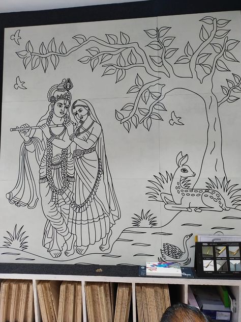 Radhakrishna Outline Drawing, Radha Krishna Pencil Sketch Easy, Radha Krishna Outline Drawing, Madhubani Paintings Traditional Krishna, Krishna Radha Drawing, Radhe Krishna Sketch, Radhe Krishna Drawing, Krishna Illustration, Radha Krishna Drawing