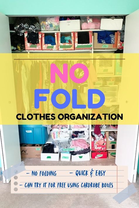 Organizing kids clothes is no easy task, especially if you’re naturally messy. My no-fold clothes storage method is a lifesaver—especially for busy ADHD families! #organizingkidsclothes #adhdhacks #familyorganization Kids Folding Clothes, Ways To Organize Clothes Without Dresser, Organization Hacks For Clothes, How To Store Clothes On Shelves, Clothes Storage For Kids, How To Sort Clothes, Kids Clothes Storage Ideas No Dresser, Out Of Season Clothes Storage, Montessori Clothes Storage