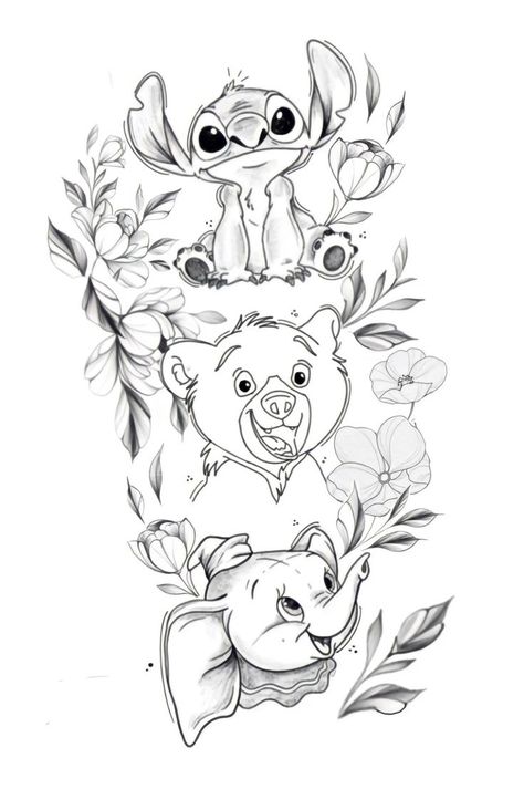 Disney Sketch Tattoo Sleeve, Sleeve Disney Tattoo, Disney Animal Tattoos, Disney Tattoo Drawings, Disney Sketch Tattoo, Stitch Disney Tattoo, Quotes About Tattoos, Disney Tattoo Sleeves For Women, Disney Character Tattoos