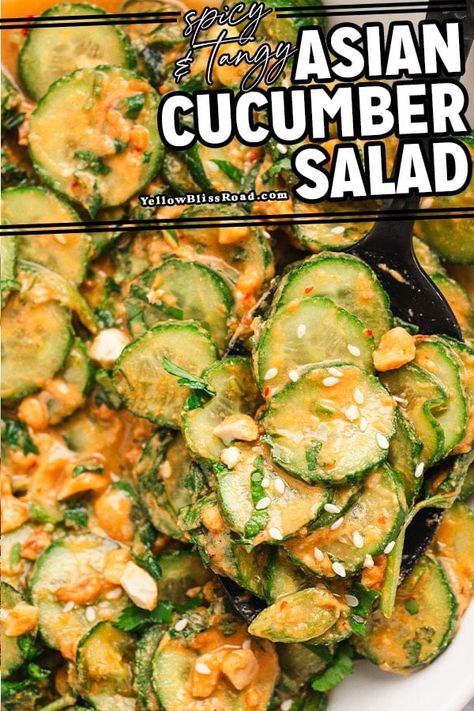 Asian Cucumber Salad is crunchy and refreshing, made with a sweet and sour peanut dressing, fresh crunchy cucumbers, cilantro and green onion. Thai Cucumber Peanut Salad, Cucumbers With Peanut Sauce, Healthy Creamy Cucumber Salad, Asian Cucumber Salad Recipe With Peanut Butter, Cucumber Salad Recipes Asian, Asian Cucumber Salad With Peanut Butter, Cucumber With Peanut Sauce, Til Tok Cucumber Salad, Cucumber Salad With Peanut Sauce