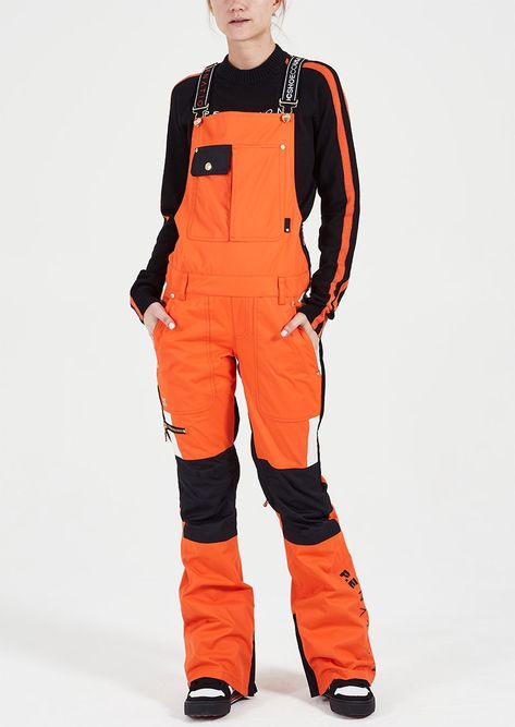 Women Snow Pants, Character Design Overalls, Labor Dress, Orange Overalls, Snow Clothing, Foggy Beach, Snow Overalls, Womens Snow Pants, Japan Fashion Street