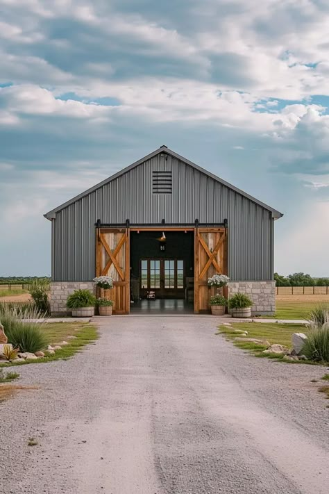 Barndo Garage, Barn Colors Exterior, Pole Barn Man Cave Ideas, Barn Landscaping, Wedding Venue Barn, Barn Ideas For Horses, Pole Barn Colors, Barn Venue Ideas, Pole Barns