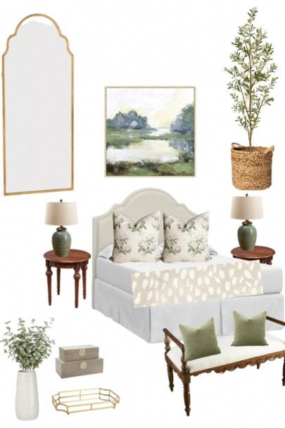 Green Guest Bedroom Decor, Guest Bedroom Green Accents, Master Bedrooms Greens, Green Accents In Bedroom, Transitional Traditional Bedroom, Modern Grandmillenial Bedroom, Traditional Green Bedroom, Preppy Green Bedroom, Southern Charm Decor Traditional